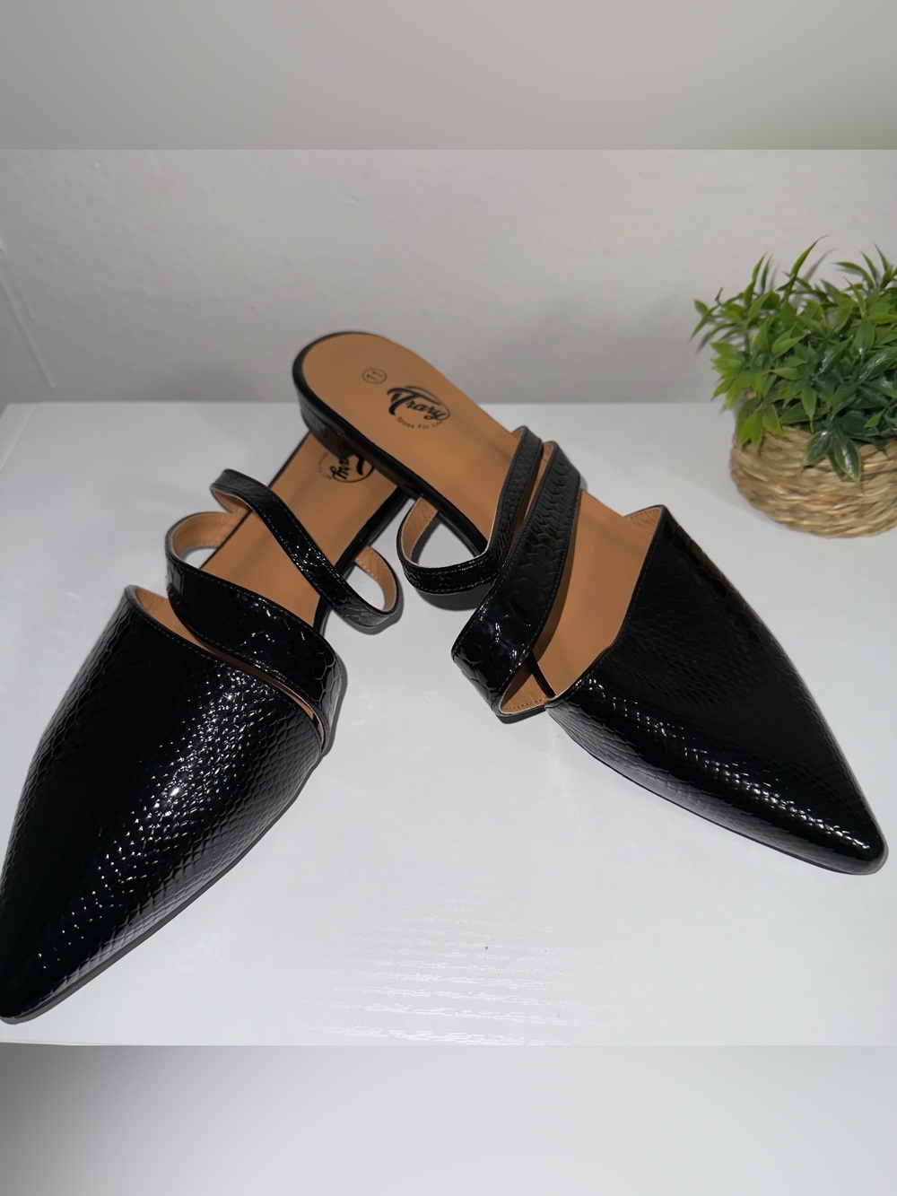 Trary Black Pointed Toe Slip-On Mules with Double Strap